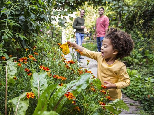 De kleine geeft de planten water